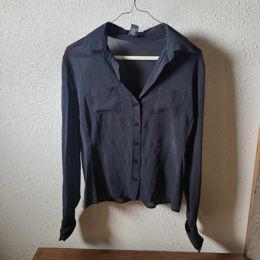 BCBG Maxazria, women's, black, silk, button-down blouse, size 8